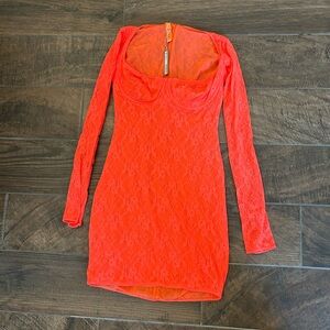 SKIMS Vibrant Orange Lace Long Sleeve Dress